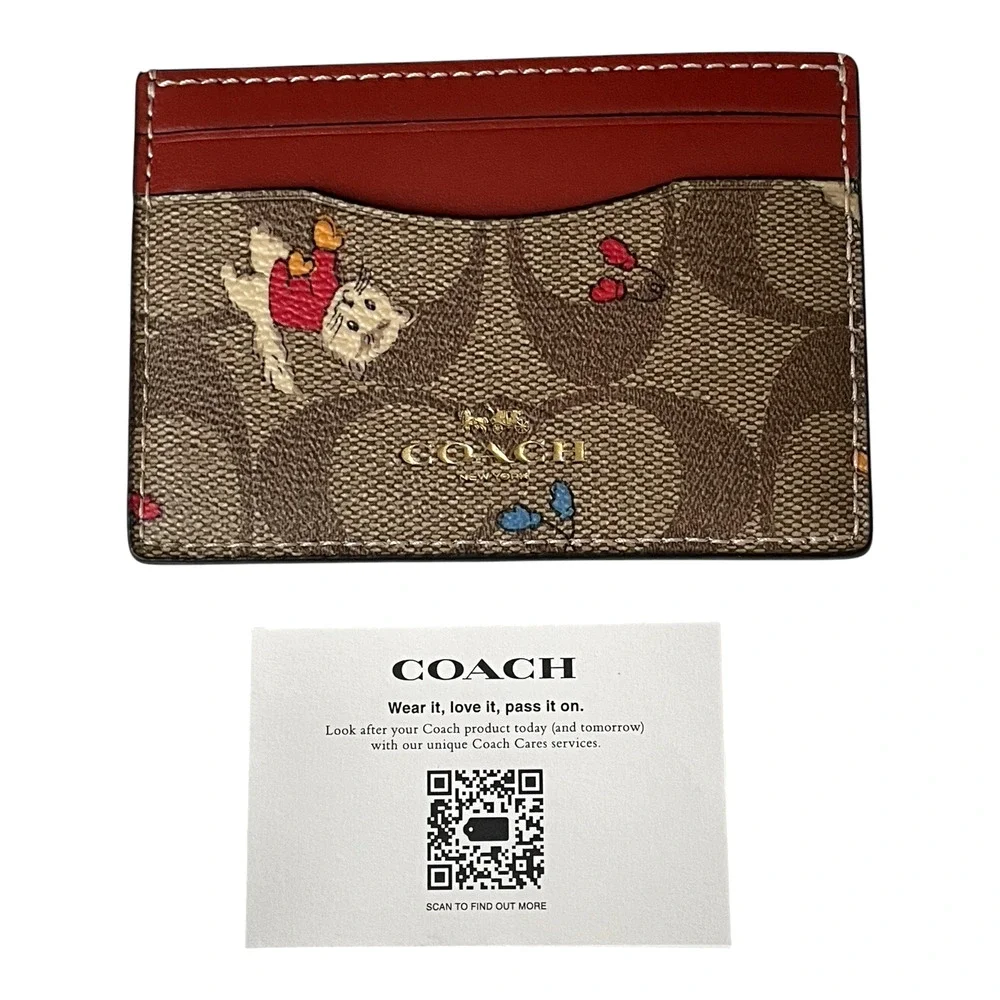 COACH CF336 Cat Mittens Kittens Print CARD CASE Brown Coated Canvas Red Leather